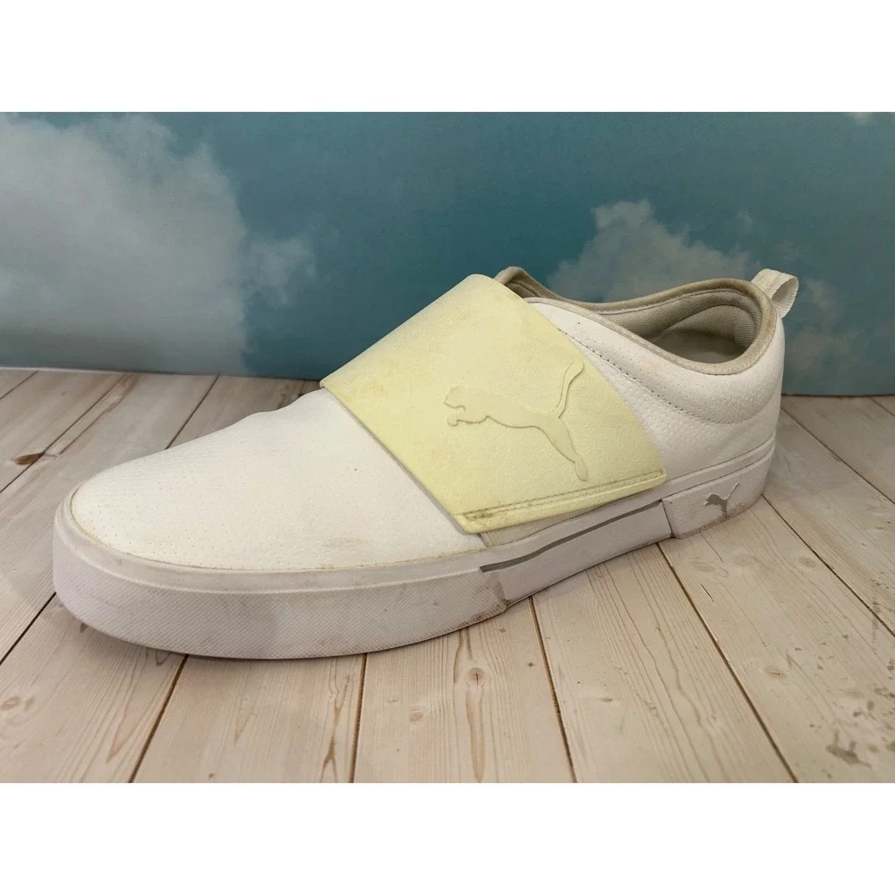 PUMA El Rey II All White Yellow Strap‎ Leather Sneakers Size 13